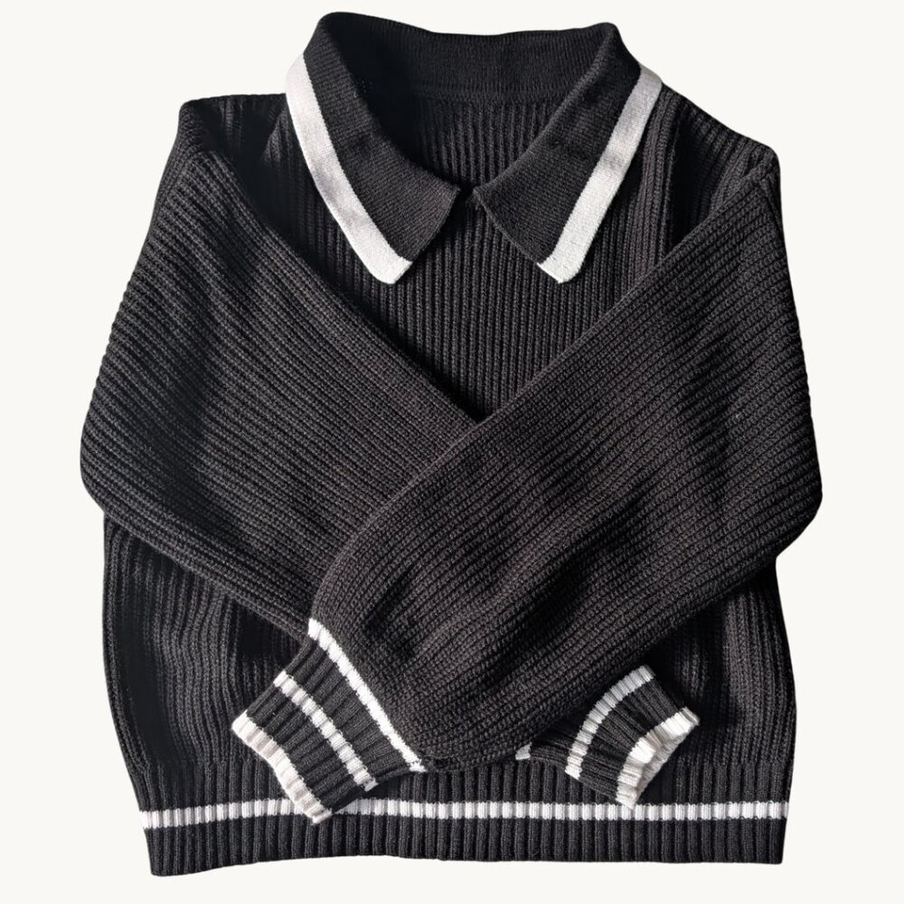 Zaful Black Ribbed Cropped Polo Sweater Varsity Preppy Stripe Trim S